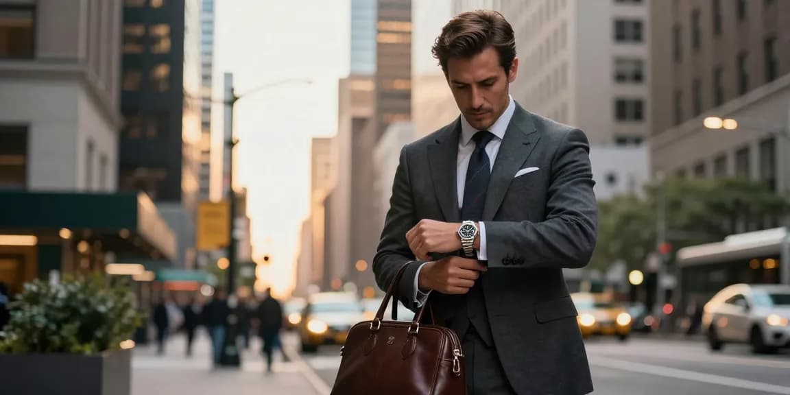 Stylish gentleman admiring his Rolex super clone watch in an upscale urban setting, showcasing sophistication and elegance.