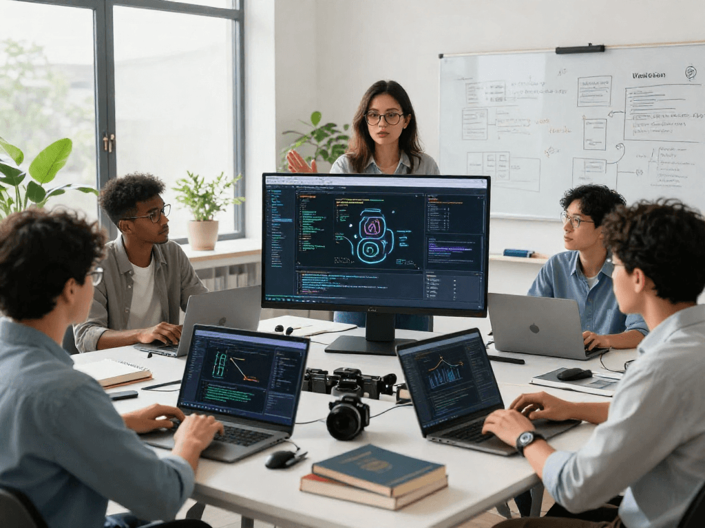 Innovative tech team collaborating on 18+ ai solutions in a modern workspace.